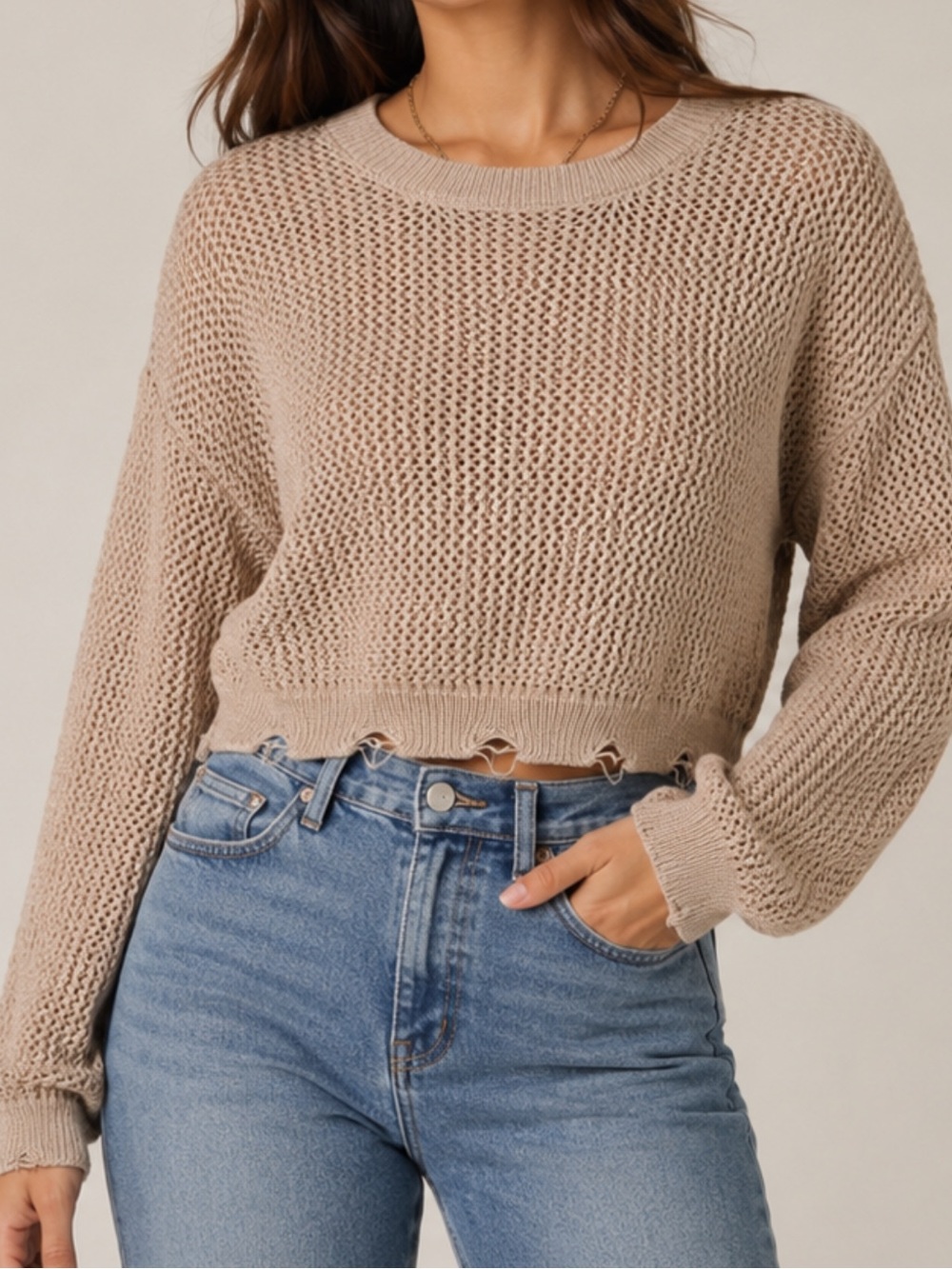 S121 Double Zero Distressed Crochet Mocha Open Knit Waist Length Sweater